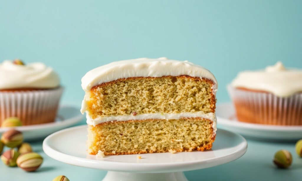 Best pistachio cake with silky cream cheese frosting.