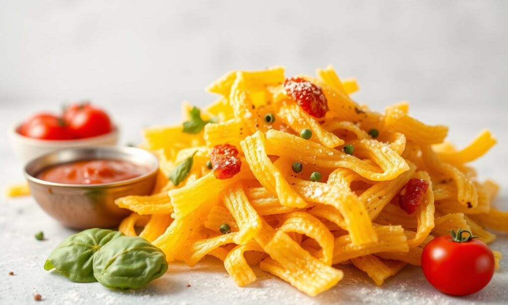 Crunchy air fried pasta chips: healthy, irresistible snack hack.