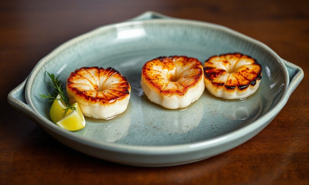 Perfect seared scallops in brown butter bliss, a flavorful sizzle.