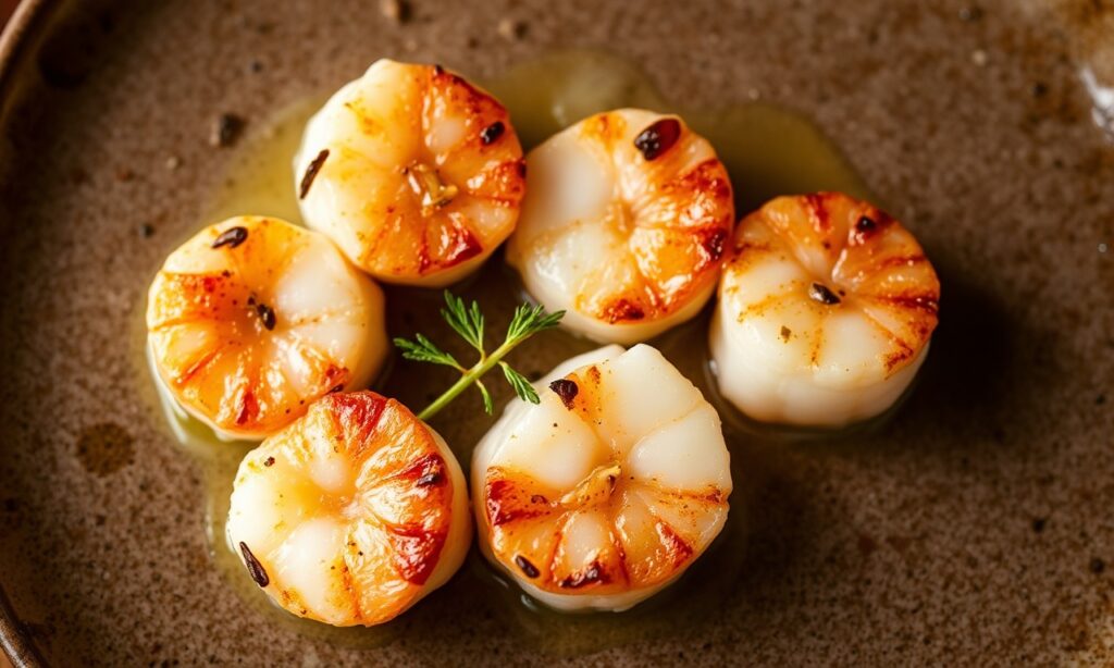 Golden seared scallops in brown butter bliss, perfectly cooked.