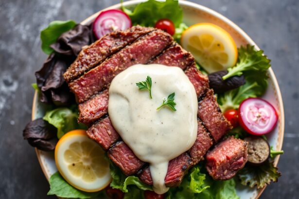 Creamy horseradish dressing on a delicious steak salad.