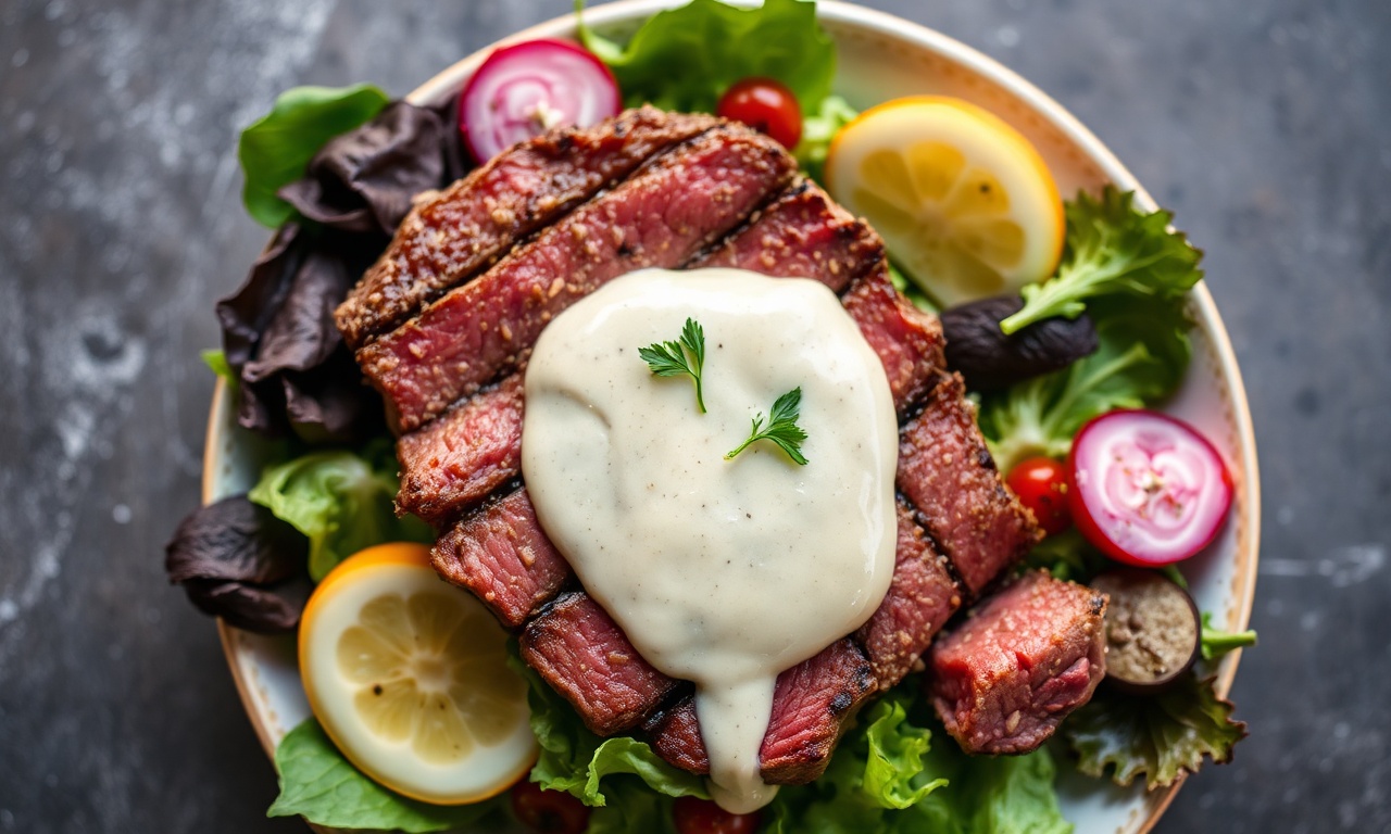 Creamy horseradish dressing on a delicious steak salad.
