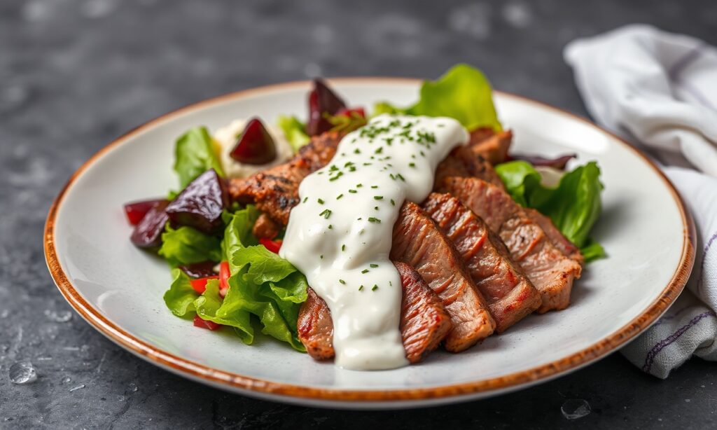 Creamy horseradish dressing on a steak salad, plated beautifully.