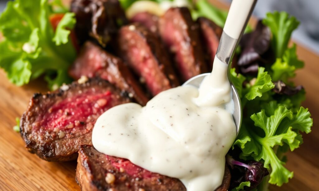 Creamy horseradish dressing enhances delicious steak salad.
