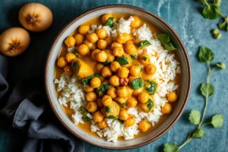 Creamy chickpea curry with spinach, ready in 15 minutes.