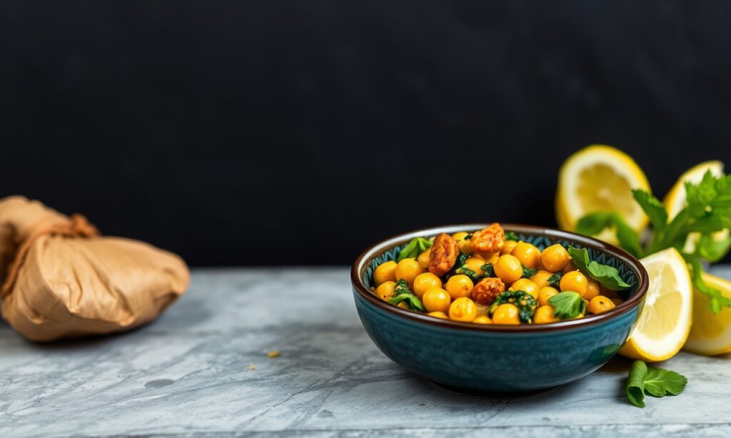 Quick and creamy chickpea curry with spinach, perfect for busy days.