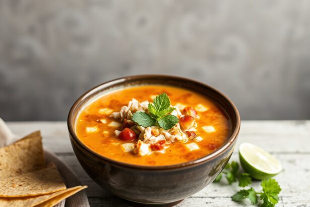 Lightened chicken tortilla soup, bright and healthy delight.
