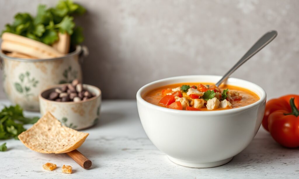 Lightened chicken tortilla soup, bright, healthy, delicious bowl nourishment.
