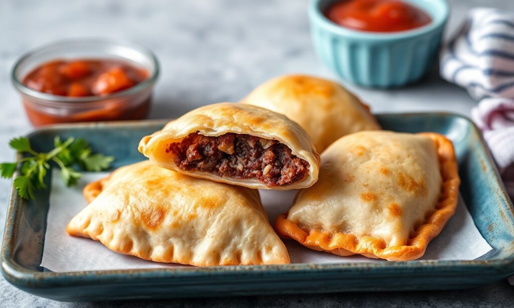 Irresistible savory beef empanada: golden, flavorful delight.