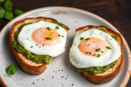 Savory pesto eggs on toast, a delicious and easy breakfast.