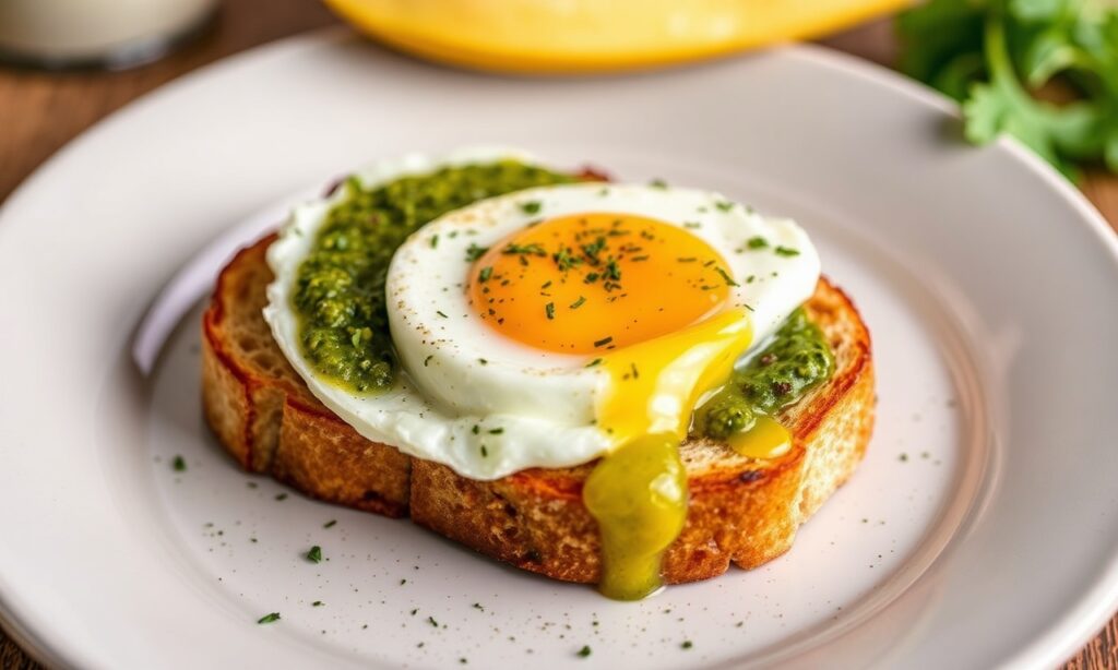 Savory pesto eggs on toast: a delicious and easy breakfast recipe.