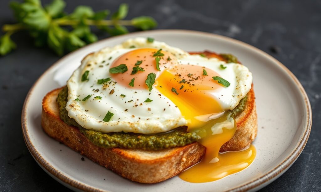 Savory pesto eggs on toast: a delicious breakfast boost.