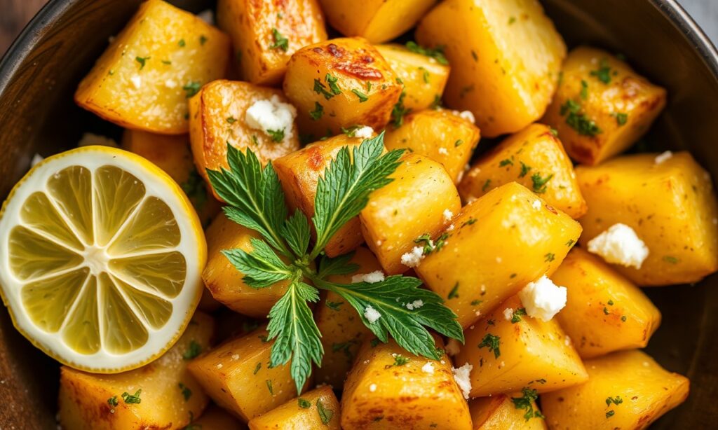 Zesty vegan Greek lemon potatoes: bright, sun-drenched Mediterranean flavors.
