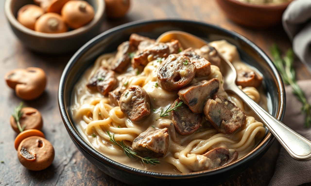 Rich creamy keto beef mushroom stroganoff, delicious low-carb meal.