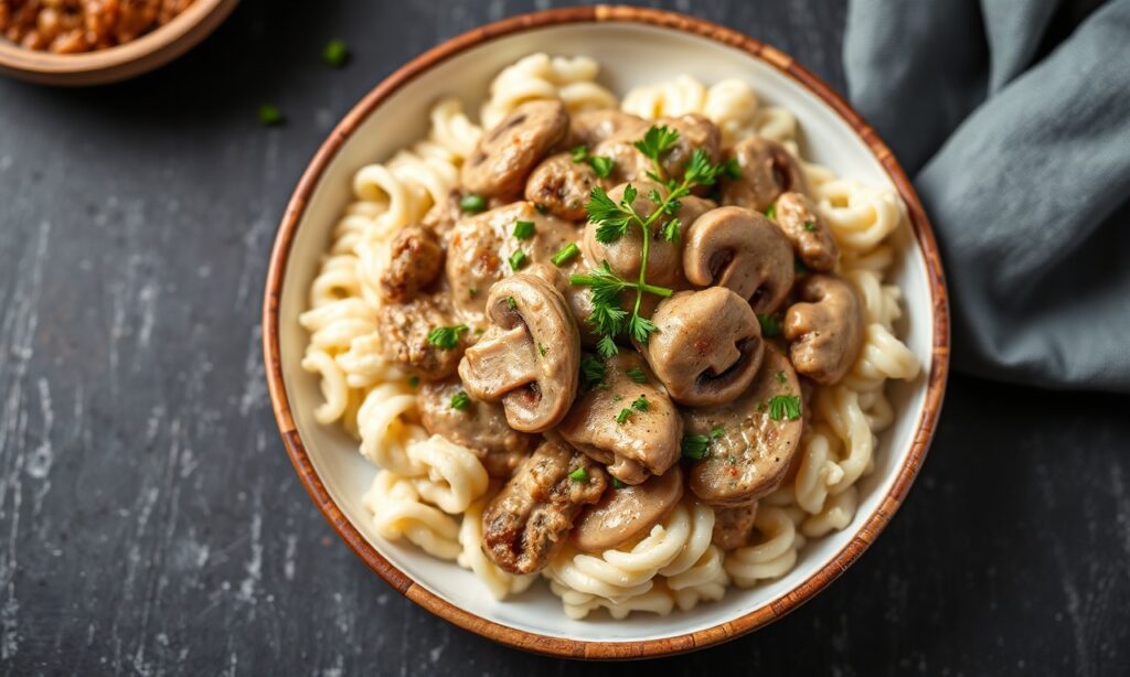 Rich creamy keto beef mushroom stroganoff, delicious and nourishing.