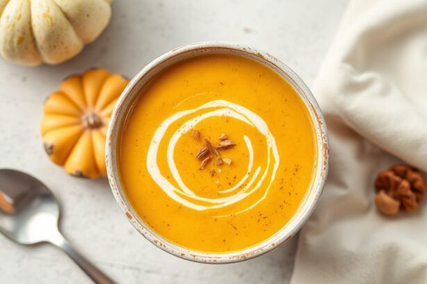 Creamy pumpkin soup packed with protein, a healthy meal.
