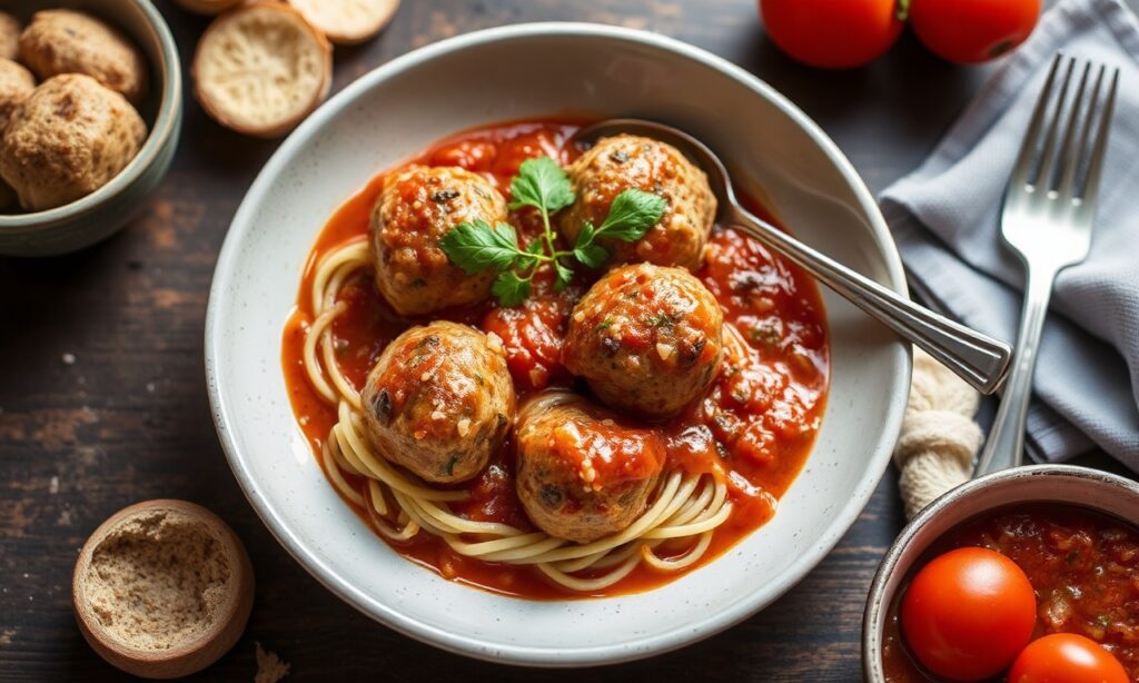 Irresistible Turkey & Mushroom Meatballs in Zesty Tomato Sauce.