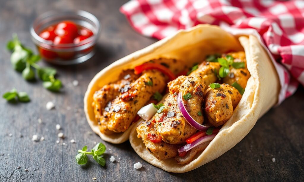 Authentic Greek chicken gyros, bursting with bold flavors.