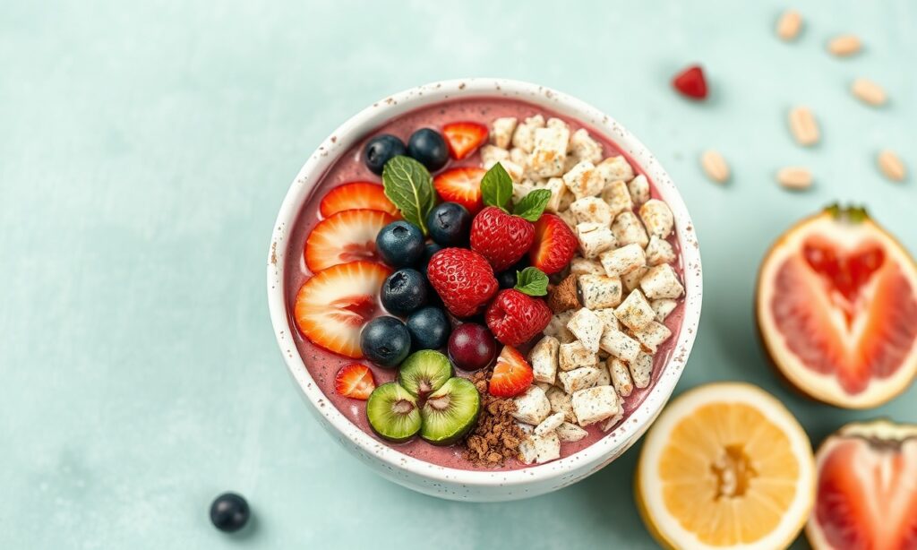 Crafting vibrant smoothie bowl, bright, healthy, nourishing, fresh textures.