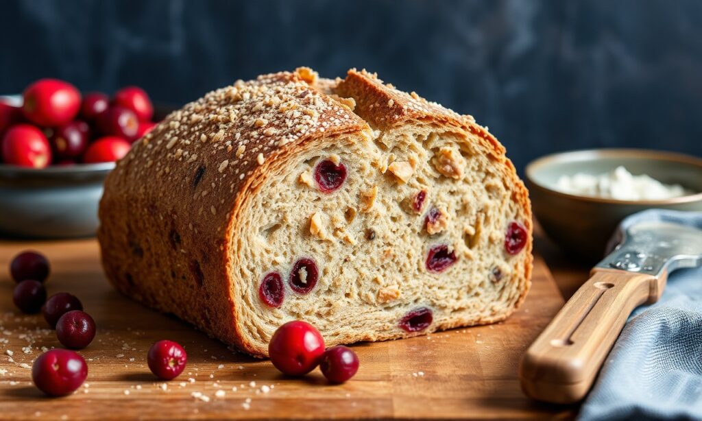 Delicious homemade cranberry walnut artisan bread, freshly baked.