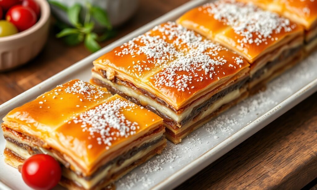 Savory baklava: Spiced lamb feta fusion, golden pastry, honey delight.