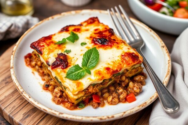 Hearty vegan moussaka with delicious lentil filling.