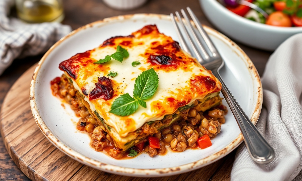 Hearty vegan moussaka with delicious lentil filling.