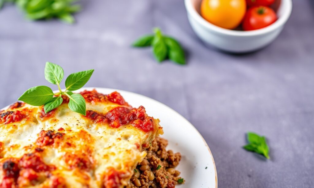 Hearty vegan moussaka with delicious lentil filling.