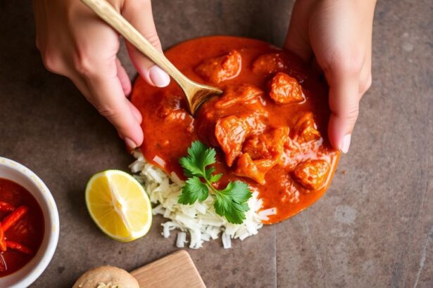 وعاء كاري حامض حار مع أعشاب طازجة وشرائح فلفل