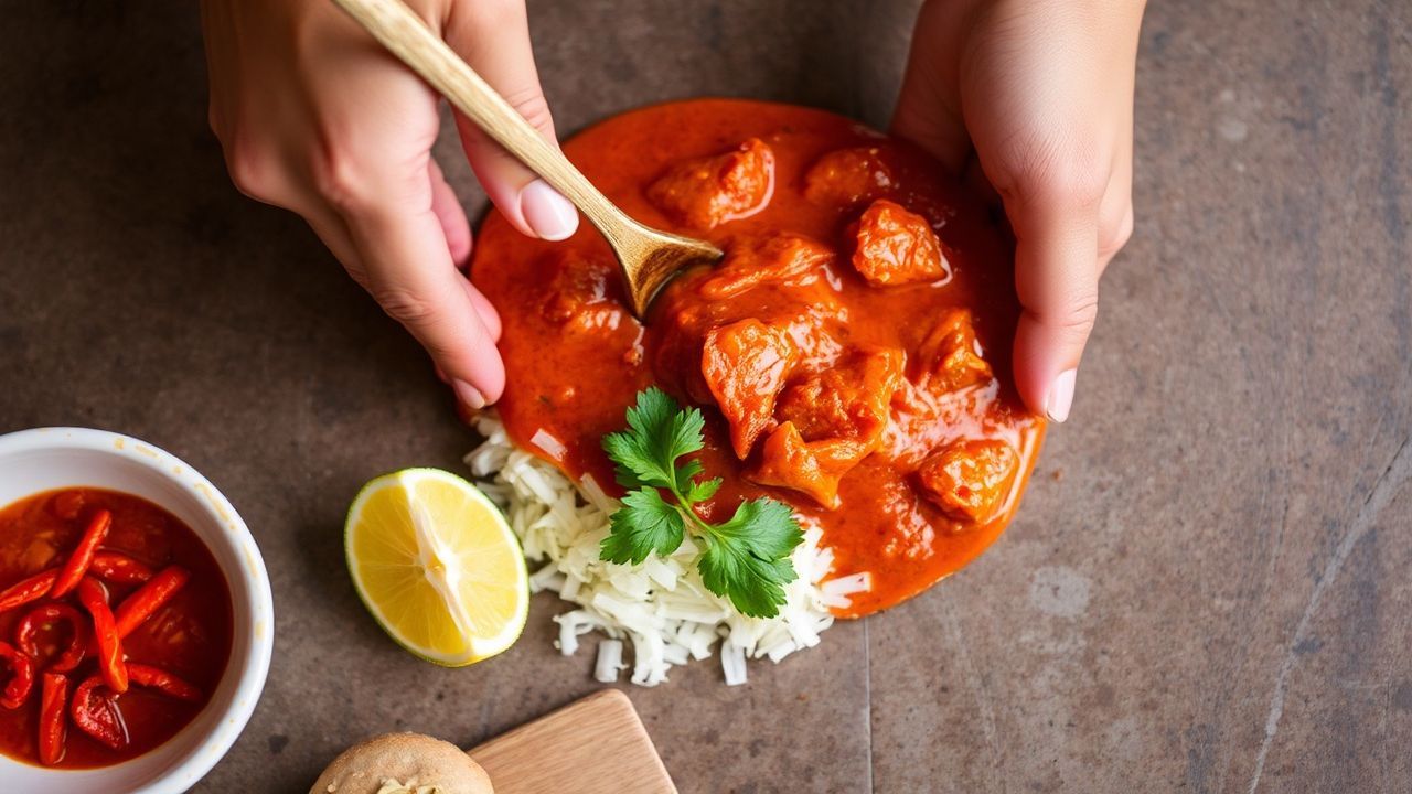 وعاء كاري حامض حار مع أعشاب طازجة وشرائح فلفل