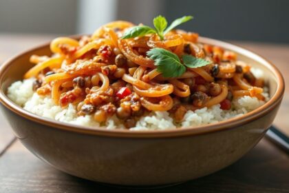 وعاء طبقات من الأرز والعدس والمعكرونة مغطى ببصل مقرمش وتوابل ملونة