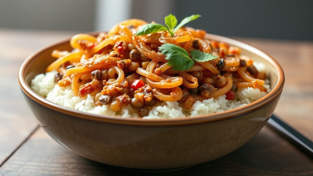 وعاء طبقات من الأرز والعدس والمعكرونة مغطى ببصل مقرمش وتوابل ملونة