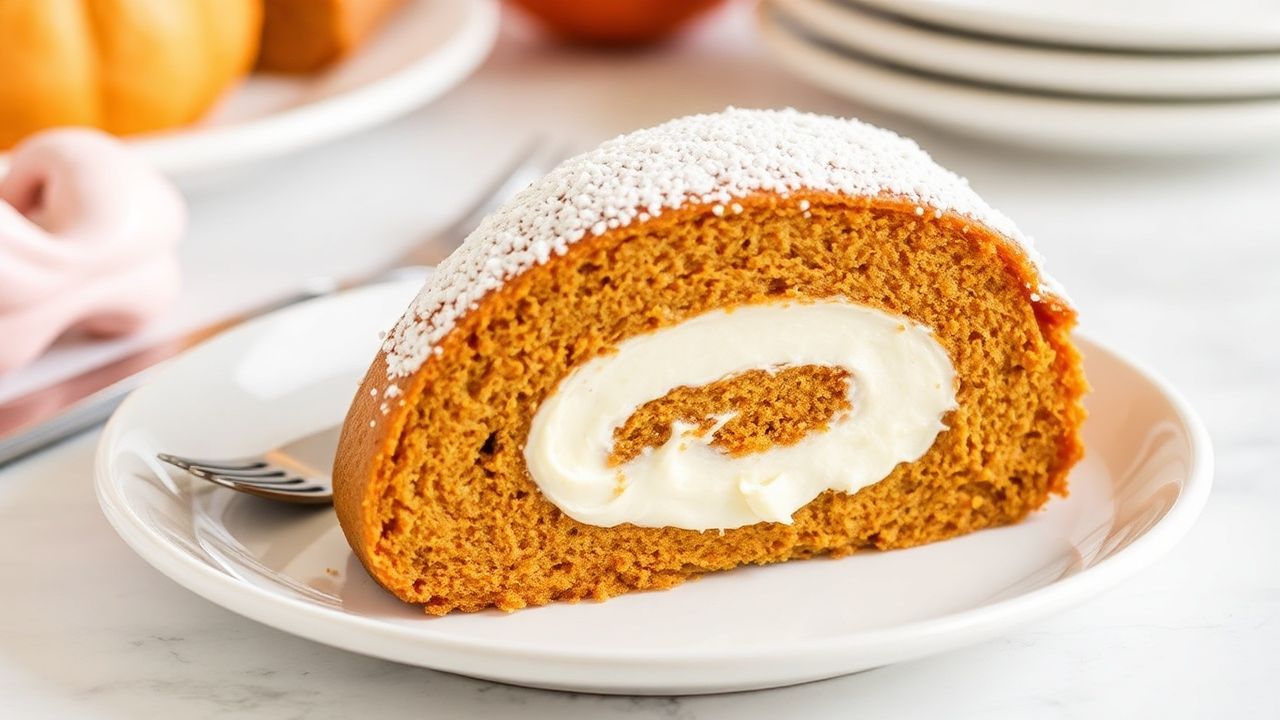 رول كعكة يقطين فاخرة محشوة بكريمة جبنة غنية ومزيّنة بالقرفة