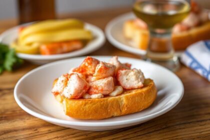 رول سلطعون كلاسيكي على خبز محمص ذهبي مع زبدة وليمون