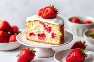 كيك فراولة خفيف بدون بيض مزين بشرائح فراولة وطازج