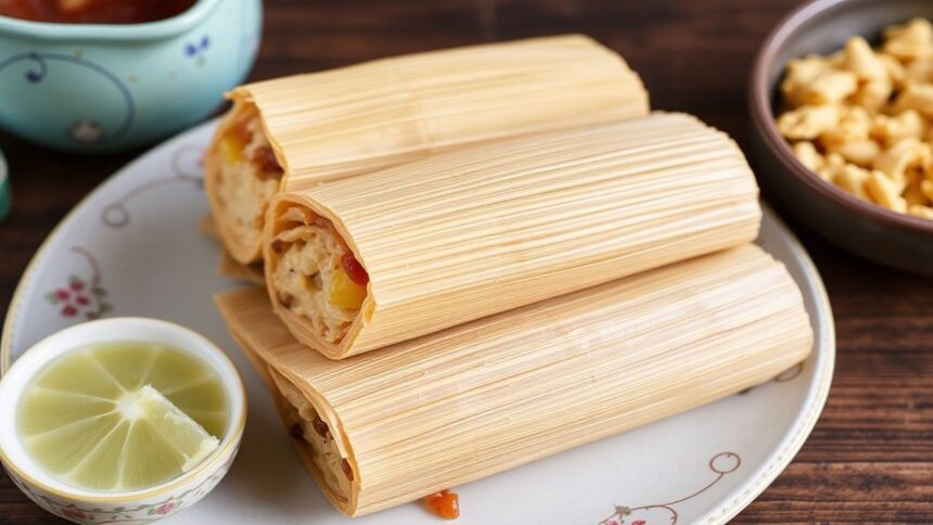 Steaming jackfruit tamales on a plate with salsa, lime wedges, and fresh cilantro