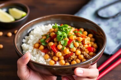 طبق حمص كونغ باو حار مع فول سوداني وشرائح فلفل وبصل أخضر