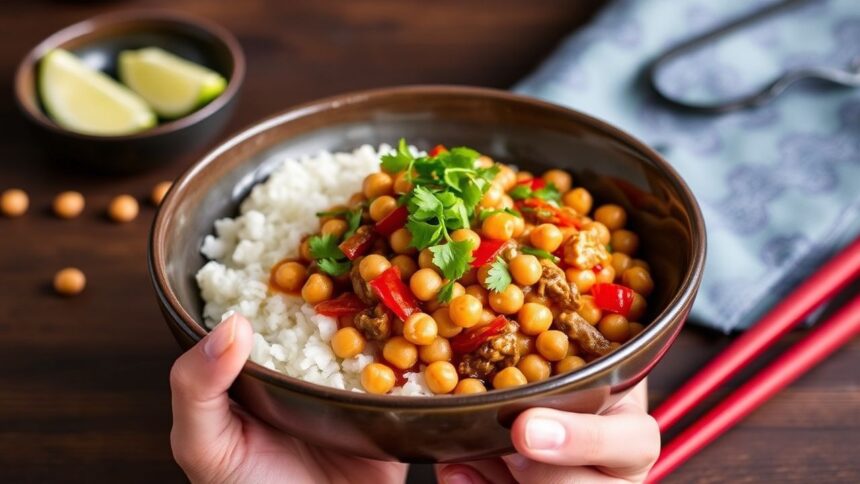 طبق حمص كونغ باو حار مع فول سوداني وشرائح فلفل وبصل أخضر