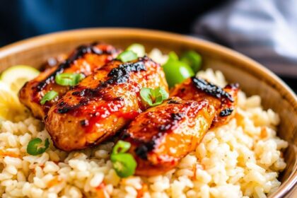 وعاء أرز بالدجاج بالعسل والتشيبوتلي مع كزبرة وشرائح ليمون