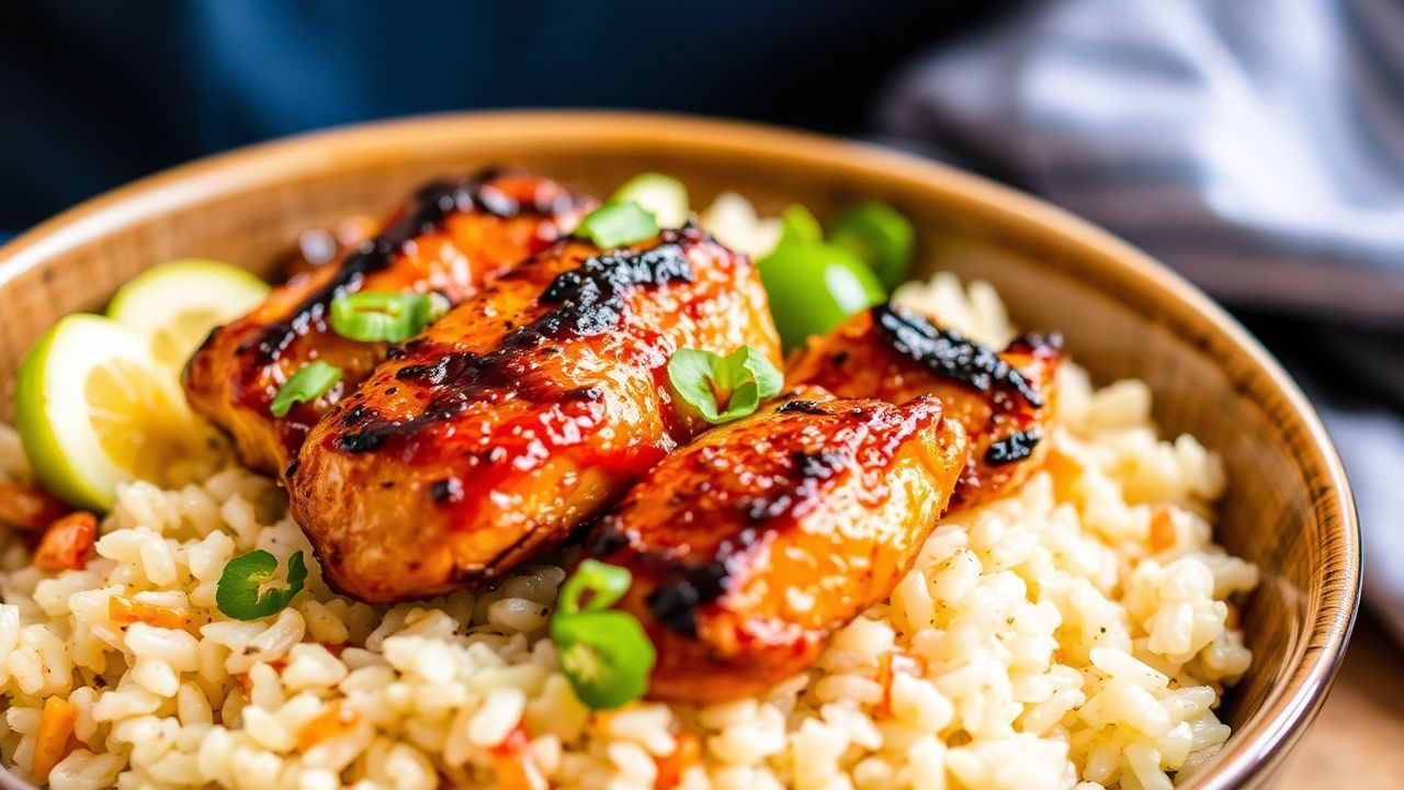 وعاء أرز بالدجاج بالعسل والتشيبوتلي مع كزبرة وشرائح ليمون
