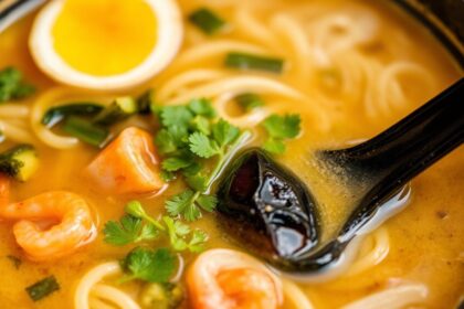 وعاء شوربة نودلز غني بمرق المأكولات البحرية بنكهات عميقة وقطع طازجة