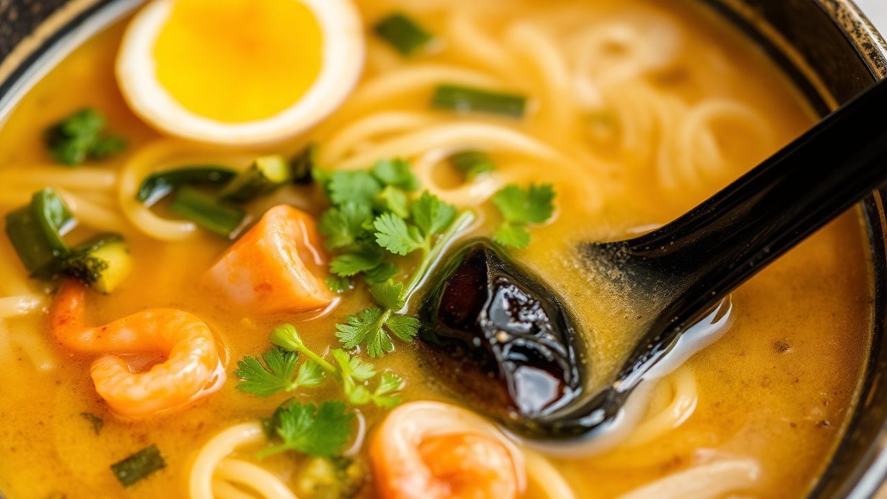 وعاء شوربة نودلز غني بمرق المأكولات البحرية بنكهات عميقة وقطع طازجة