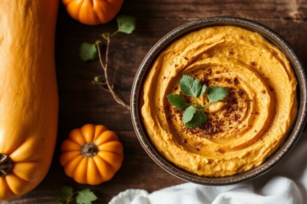 وعاء حمص كريمي بالقرع البلدي مع خبز مقرمش وخلفية خريفية دافئة