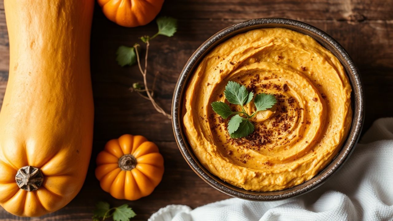 وعاء حمص كريمي بالقرع البلدي مع خبز مقرمش وخلفية خريفية دافئة