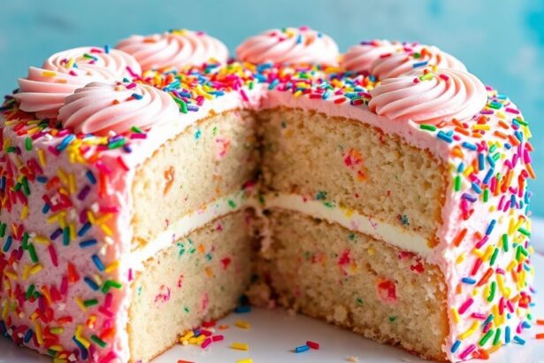 كيك عيد ميلاد فانفيتي هش مزين بكريمة ورشات ملونة