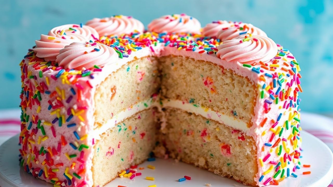 كيك عيد ميلاد فانفيتي هش مزين بكريمة ورشات ملونة