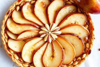 Golden Frangipane tart with pear slices and almond filling on a rustic tart plate.