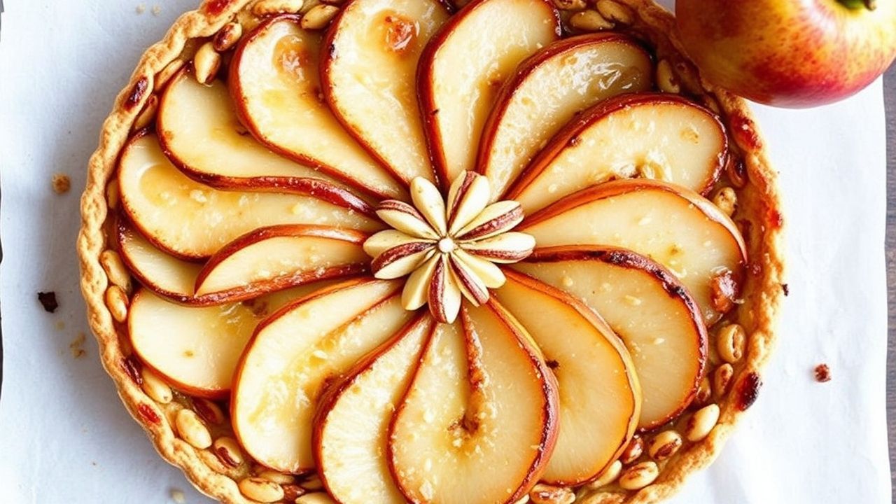 Golden Frangipane tart with pear slices and almond filling on a rustic tart plate.