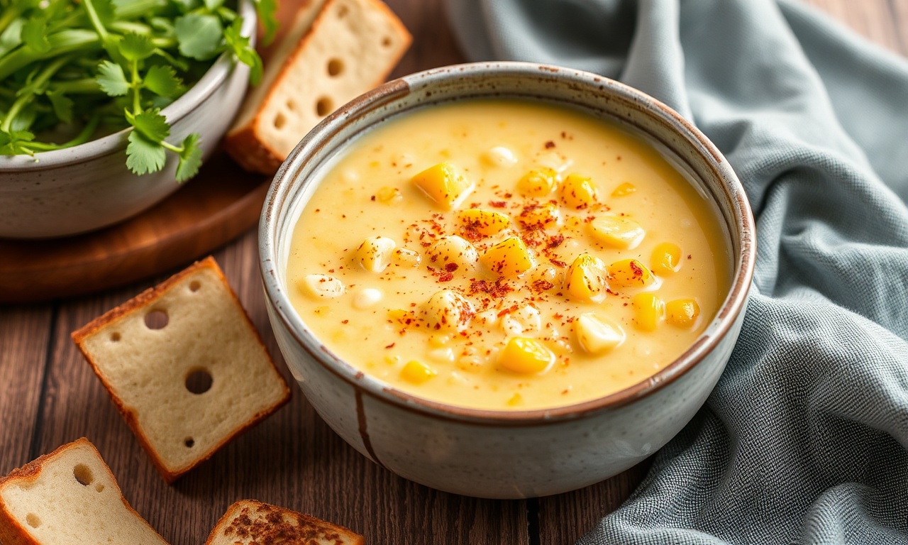 Creamy vegan corn chowder with hearty potatoes recipe photo.
