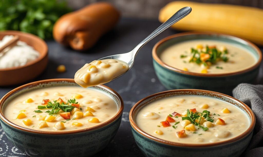 Creamy vegan corn chowder with hearty potatoes.